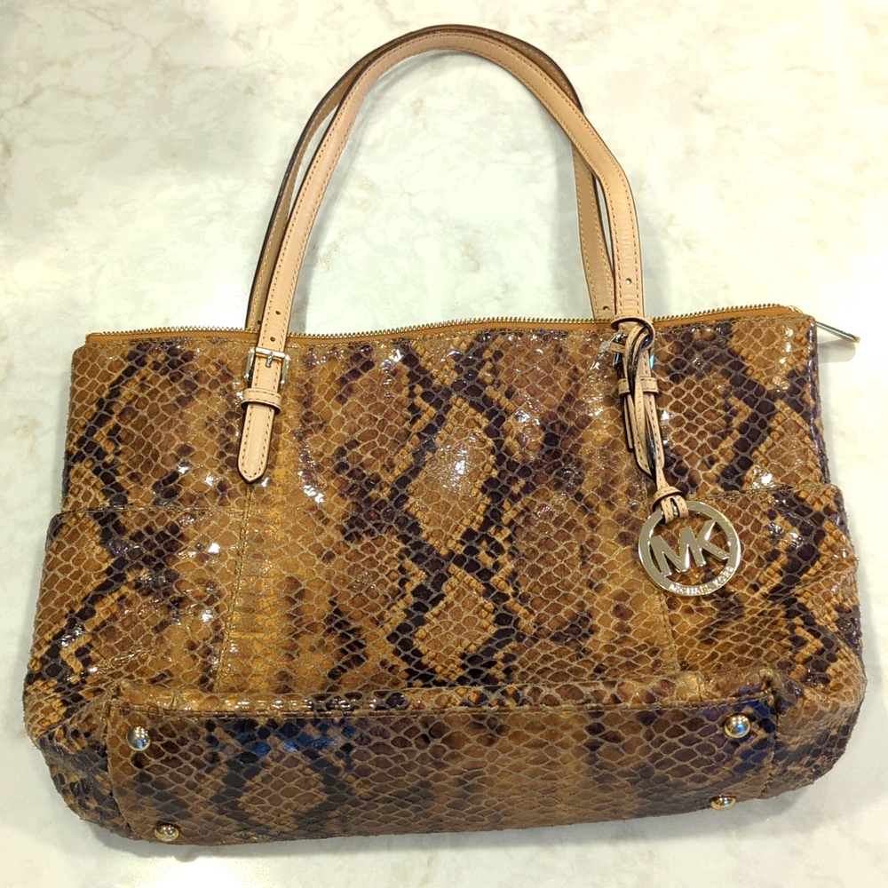 Michael Michael Kors Brown Python Embossed Leather Top Zip Jet Set Tote